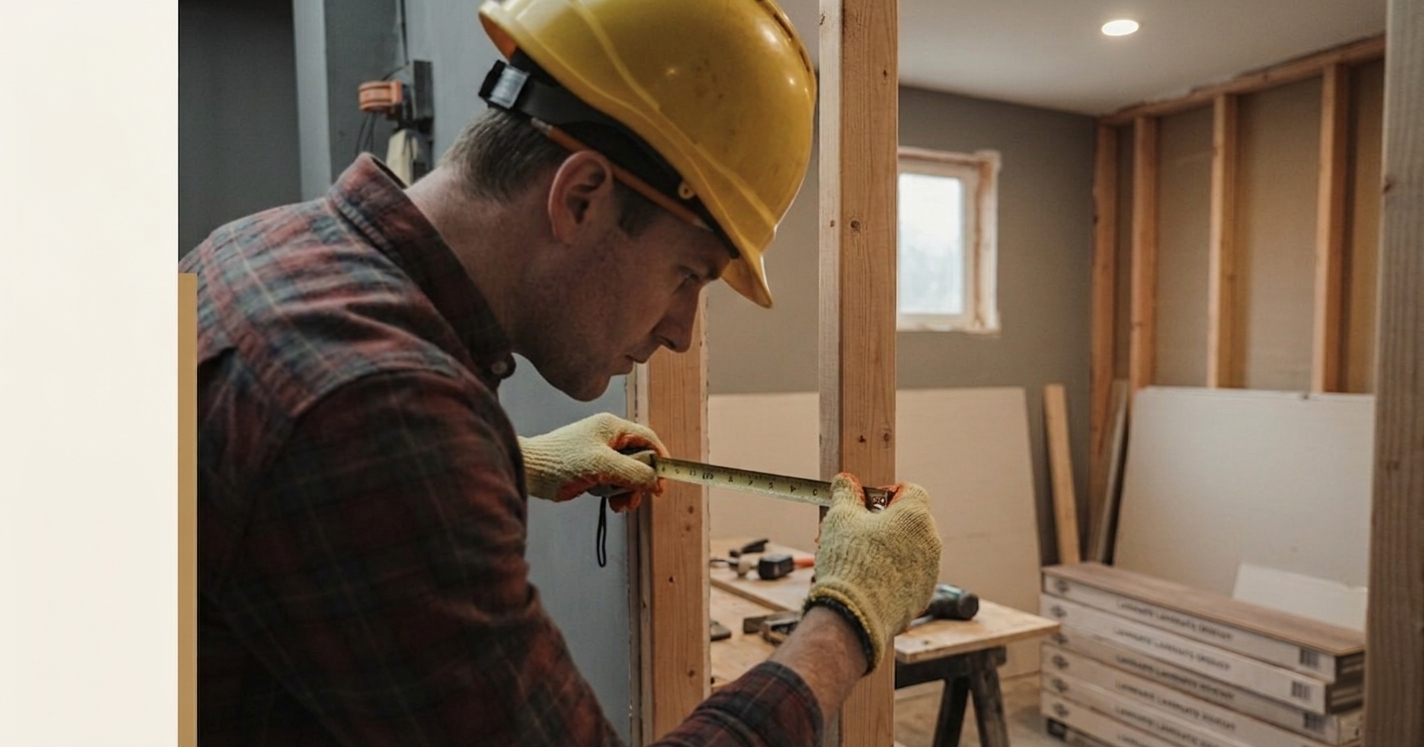 Carpenter in a hard hat measuring a wood stud wall during a basement suite framing build